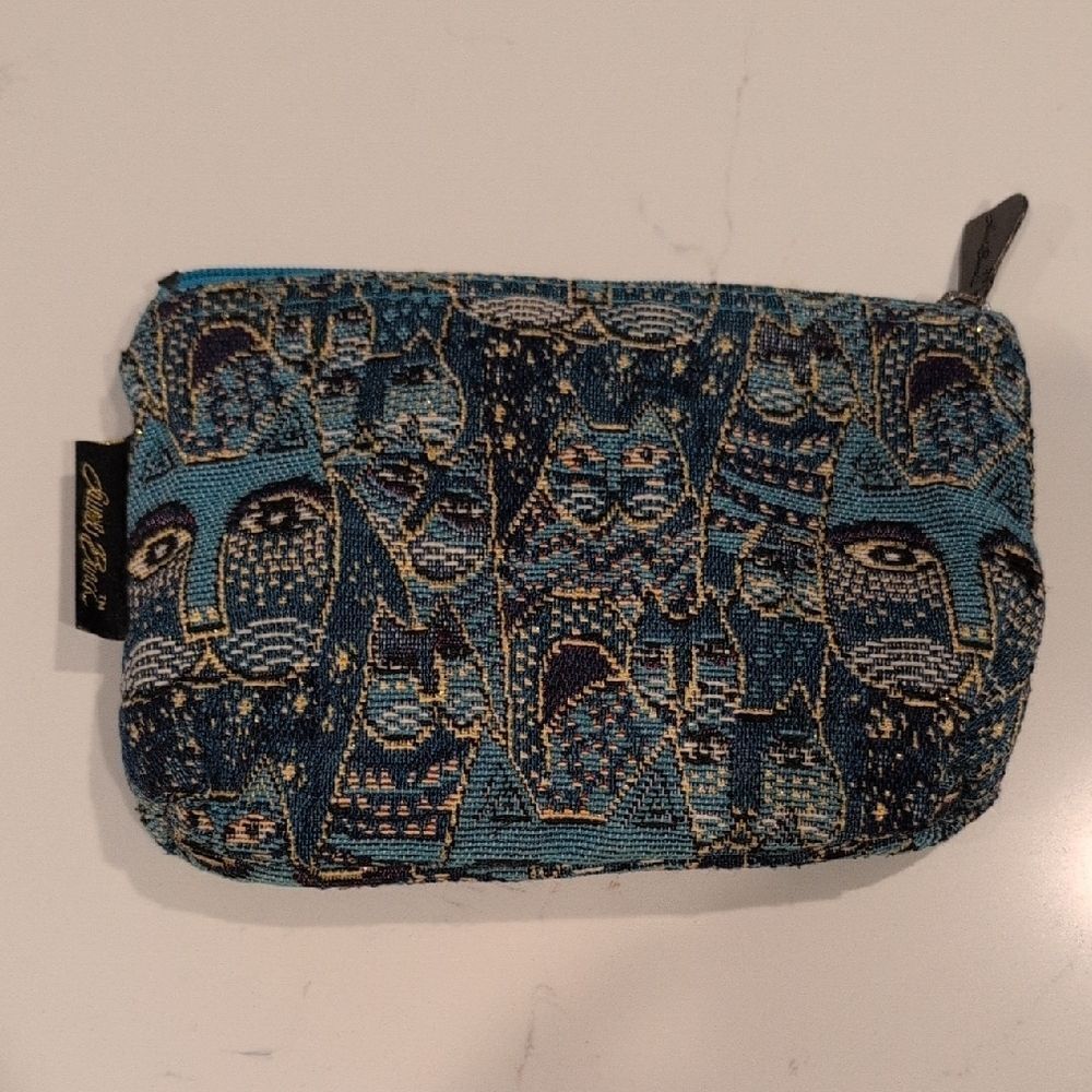 Laurel Burch Blue Cat Tapestry Patterned Zipper Pouch Travel Organizer